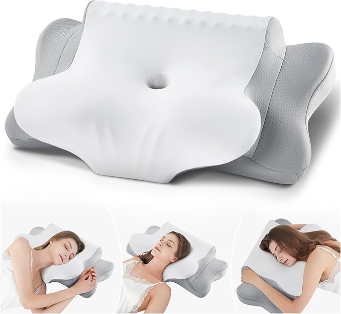 Cuscino Cervicale, Cuscino Ergonomico Adatto per chi Dorme su un fianco sulla schiena e a pancia in giù, Cuscino Memory Foam con Federa, 64x39x10/13 cm (Grigio Bianco)