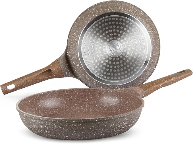 Set 2 padelle 22 e 26 cm antiaderente 0 grassi marrone Cottura