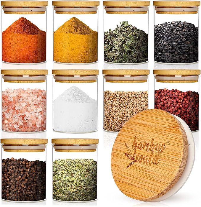 Set Di 10 Barattoli Per Spezie Da 150 ml cad., Contenitori Per Spezie Incl. Coperchio Ermetico In Bambù, Vasetti Per Spezie, Scatola Da Tè, Contenitore In Vetro