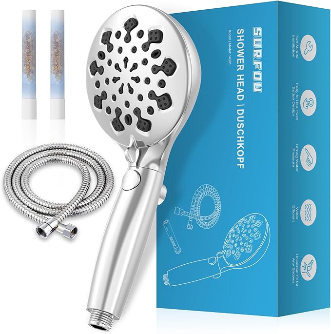 Soffione Doccia con 2 Filtri, Doccino tubo 1.5m