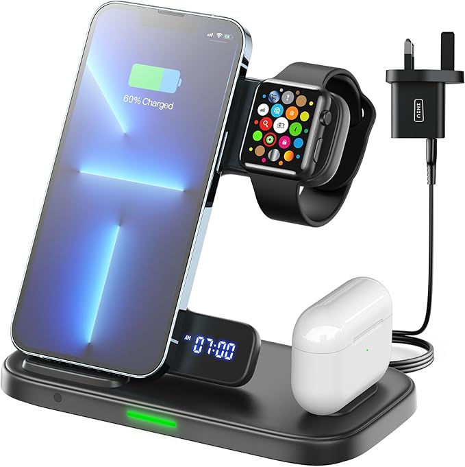 INIU Stazione di Ricarica Apple, 15W Qi Caricatore Wireless 3 in 1 per iPhone, Apple Watch e AirPods, Dock Station Apple con Cavo e Adattatore Inclusi