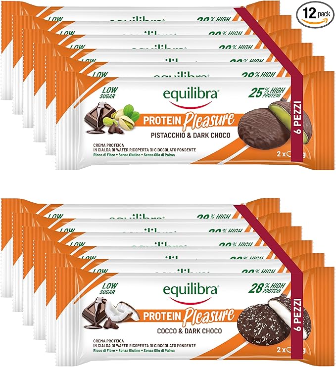 Equilibra Alimenti Proteici, Protein Pleasure Cocco &amp; Dark Choco, Pistacchio &amp; Dark Choco, Cialda con Crema Proteica Ricoperta di Cioccolato, Low Sugar, High Protein, No Glutine, 12 Confezioni da 34 g